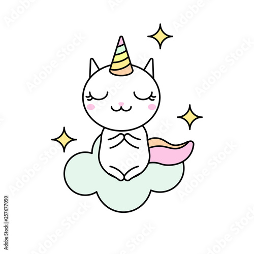 Cute kawaii vector illustration of happy cartoon rainbow cat unicorn doing meditation isolated on white.