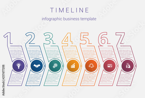 Timeline. infographic business template. Horizontal arrows 7 positions.Visualization of the business strategy in the time period.