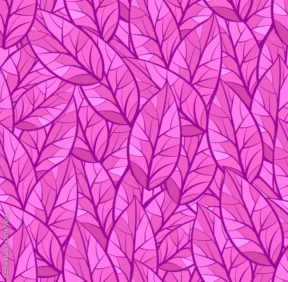 Abstract vector seamless pattern of leaves. Background texture. Purple and pink colors