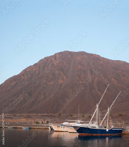 Boats and yachts are in the harbor. Taba, Egypt