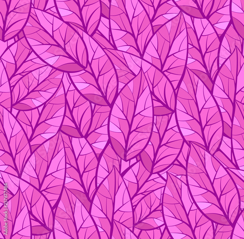 Abstract vector seamless pattern of leaves. Background texture. Purple and pink colors