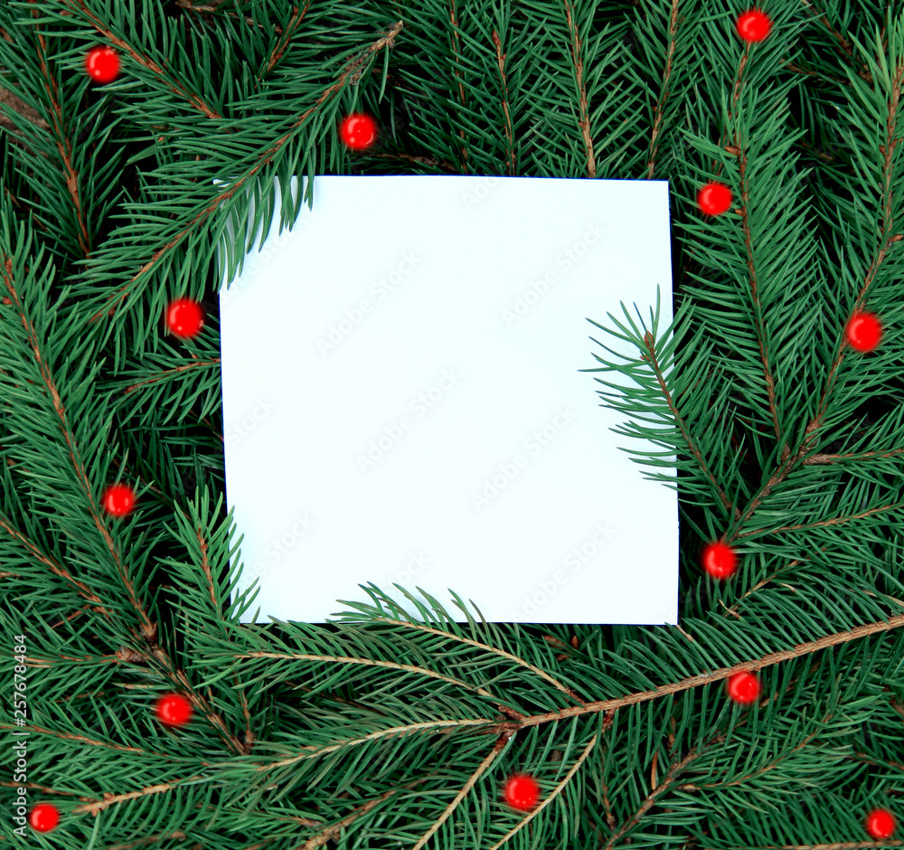 Creative layout made of Christmas tree branches with paper card note. Flat lay. Nature New Year concept Creative layout made of Christmas tree branches with paper card note. Flat lay. Nature New Year concept
