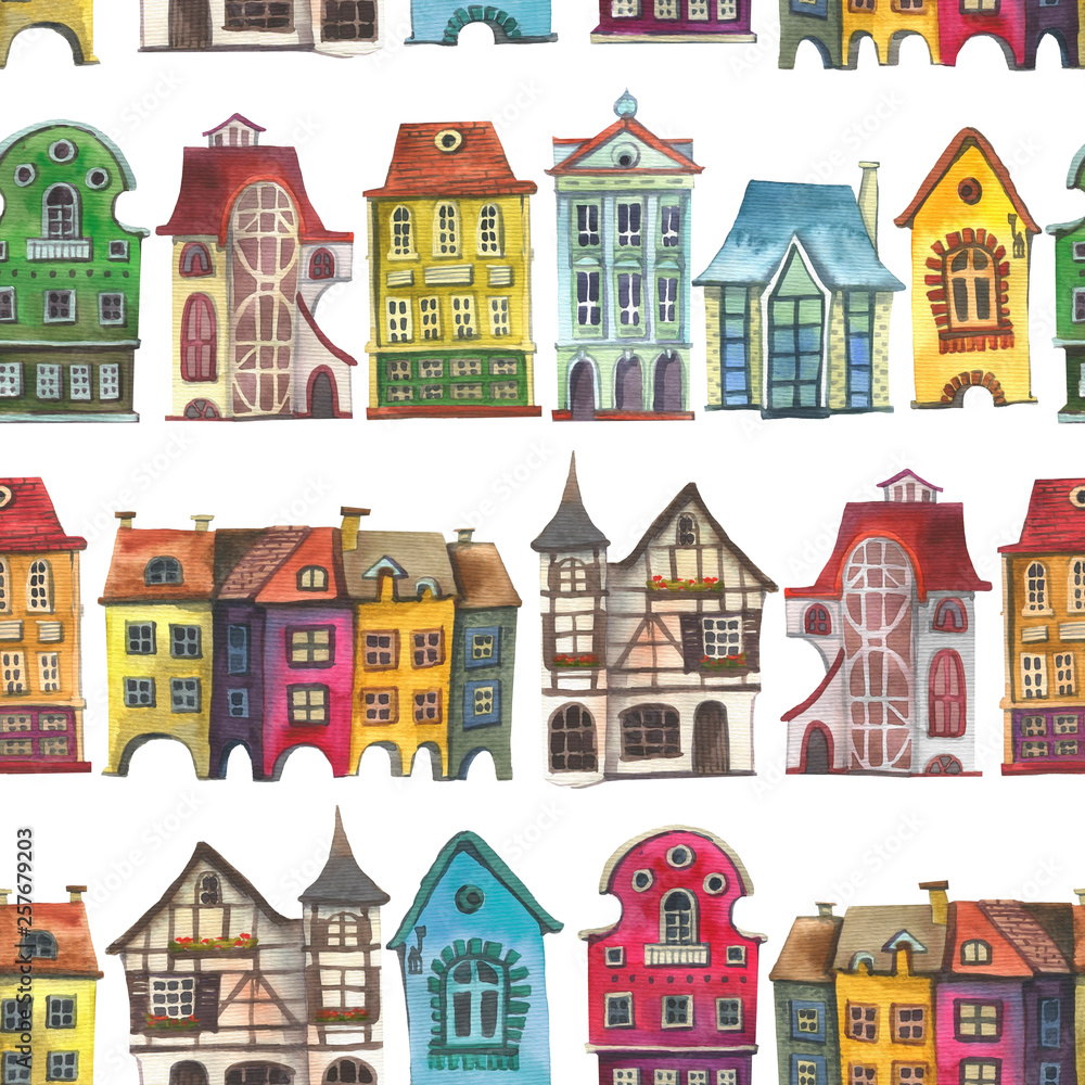 Old europe houses seamless pattern on white. Set of watercolor colorful european amsterdam style houses