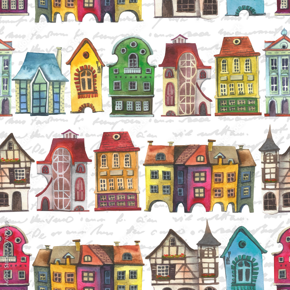 Old europe houses seamless pattern. Set of watercolor colorful european amsterdam style houses isolated on white background. Watercolour hand drawn Netherlands stylized facades of old buildings