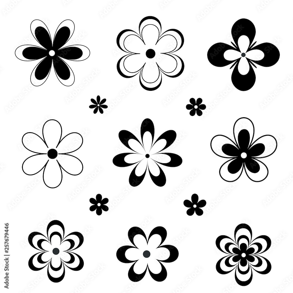 Black and white flowers silhouettes. Vector backgrounds, icon, prints, textile decoration tattoo