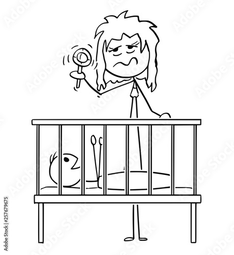 Cartoon stick figure drawing conceptual illustration of dead tired parent or mother entertaining baby in cot in night with rattle.