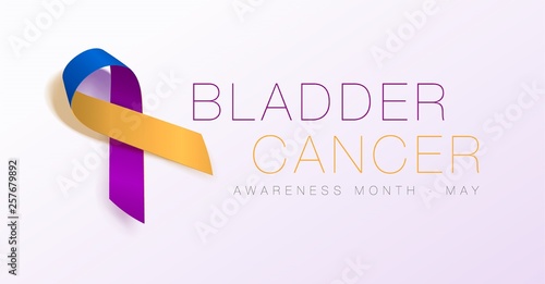 Bladder Cancer Awareness Calligraphy Poster Design. Realistic Marigold And Blue And Purple Ribbon. May is Cancer Awareness Month. Vector