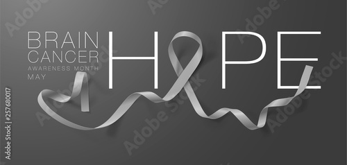 Brain Cancer Awareness Calligraphy Poster Design. Hope Realistic Grey Ribbon. May is Cancer Awareness Month. Vector