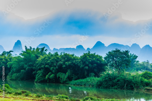Forest and mountain scenery in mist