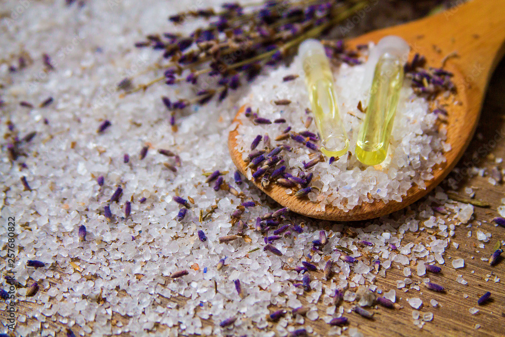 sea salt and lavender flowers in Spa