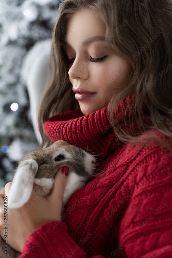 Beautiful leggy young girl, wearing red sweater and wool socks sits at the window and gently holds a rabbit in her hands in christmas interior. Commercial and advertising design Beautiful leggy young girl, wearing red sweater and wool socks sits at the window and gently holds a rabbit in her hands in christmas interior. Commercial and advertising design