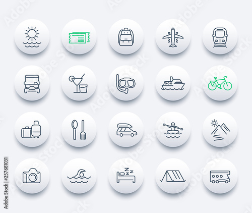 Travel, tourism line icons set, recreation, journey, trip, tour, vacation