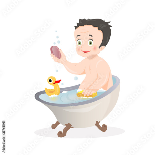Happy cartoon baby kid having bath in a bathtub holding soap and a washcloth