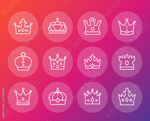 crowns line icons set, royalty, king, monarch, sovereign, queen, princess coronet