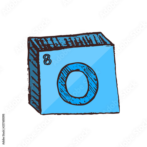Vector three-dimensional hand drawn chemical blue symbol of oxygen with an abbreviation O from the periodic table of the elements isolated on a white background.