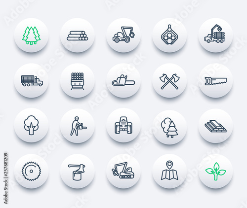timber industry icons set, forest harvester, logging truck, forestry, chainsaw, lumber, sawmill