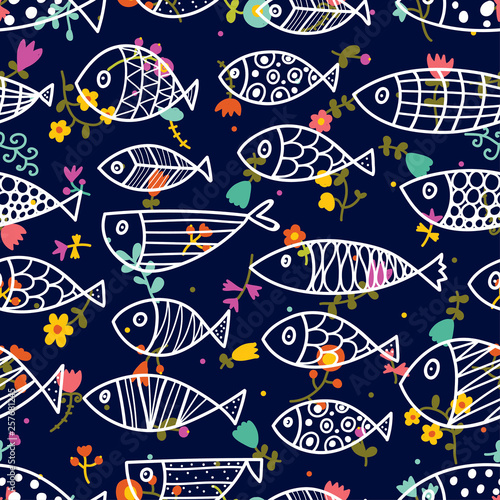 Cute fish. Cute flowers. Kids background. Seamless pattern. Can be used in textile industry, paper, background, scrapbooking.