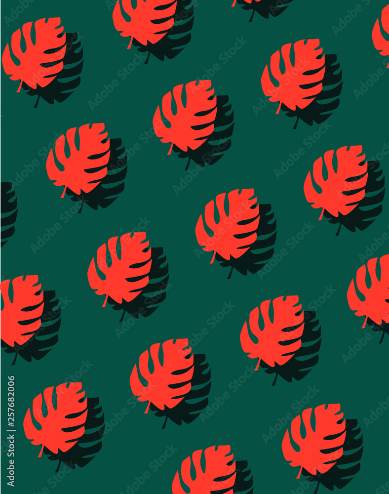 Abstract seamless pattern with red tropical leaves or scattered exotic foliage of jungle plants on green background. Hawaiian backdrop. Colored botanical vector illustration. Abstract seamless pattern with red tropical leaves or scattered exotic foliage of jungle plants on green background. Hawaiian backdrop. Colored botanical vector illustration.