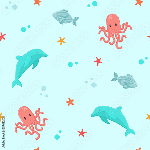 Marine seamless vector pattern with octopus  dolphin  fish and starfish on blue background. For wallpapers  summer decorations  baby shower invitation  fabric  textile and linen print  child pajamas.