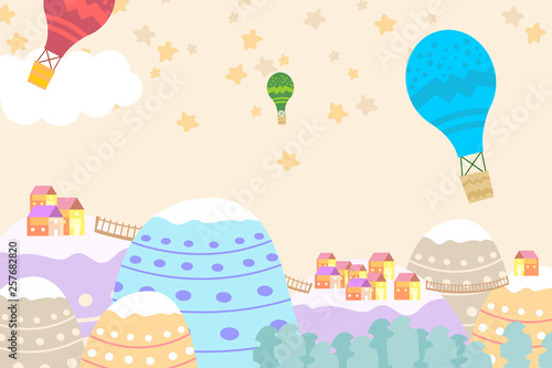 Graphic illustration for kids room wallpaper with house sky full of stars,stairs,hill,and air balloon. Can use for print on the wall, pillows, decoration kids interior, baby wear, t shirt, and card