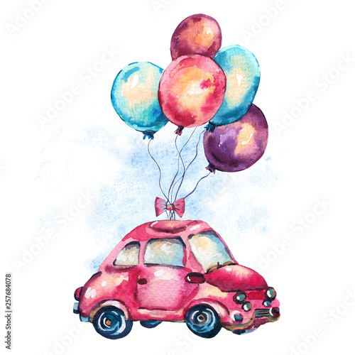 Watercolor fantasy greeting card with cute red car and air balloons