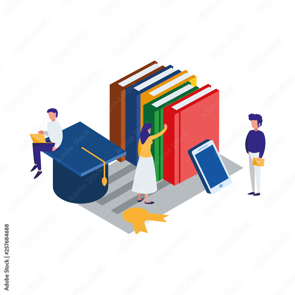 pile text books with smartphone and mini people pile text books with smartphone and mini people
