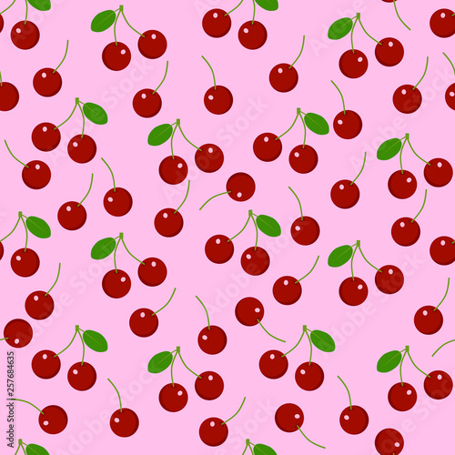 Cherries on pink background in flat style. Seamless vector pattern