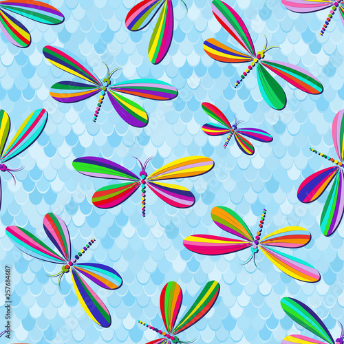 Seamless pattern with multi-colored striped dragonflies