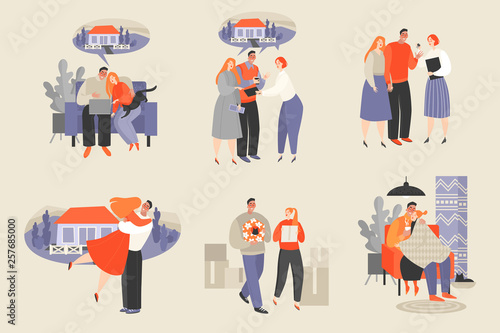 Set of vector illustrations of a couple buying a new home