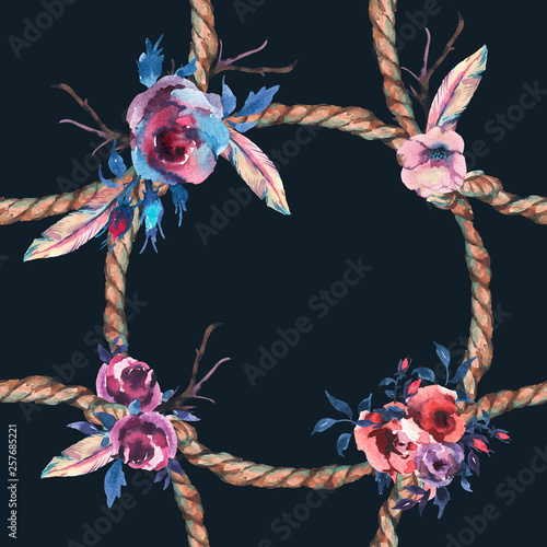 Watercolor floral rustic rope seamless pattern on black background