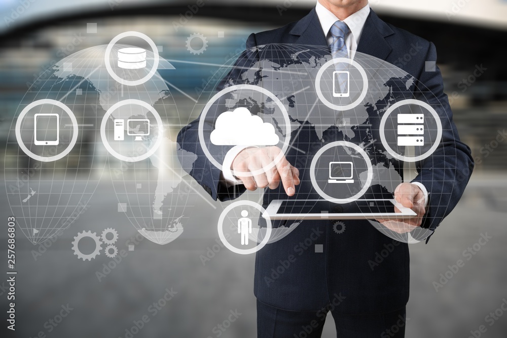 Businessman and analytics symbol on background Businessman and analytics symbol on background