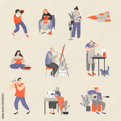 Set of characters engaged in their hobbies. Men and women taking pictures, knitting, floriculture, reading, painting, cooking, flying a kite, sewing and playing guitar.