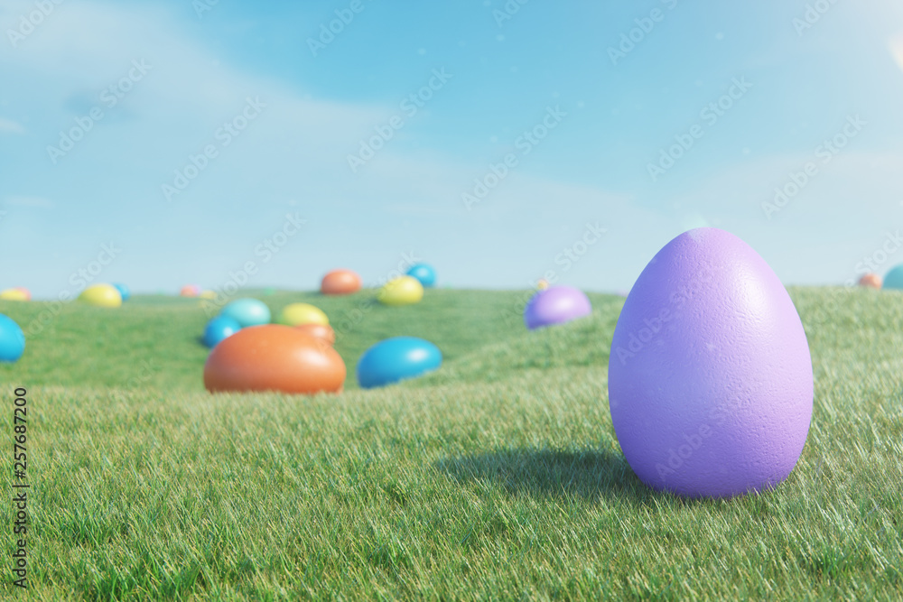 Colorful eggs in a meadow on a sunny day against the blue sky. Multicolored painted easter eggs on grass, lawn. Concept easter eggs hunt in sunday. Easter symbol holiday in April. 3D illustration Colorful eggs in a meadow on a sunny day against the blue sky. Multicolored painted easter eggs on grass, lawn. Concept easter eggs hunt in sunday. Easter symbol holiday in April. 3D illustration