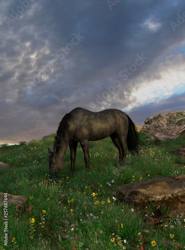 3d illustration of Spring blossoms on the open plain with a horse grazing on a hill side.