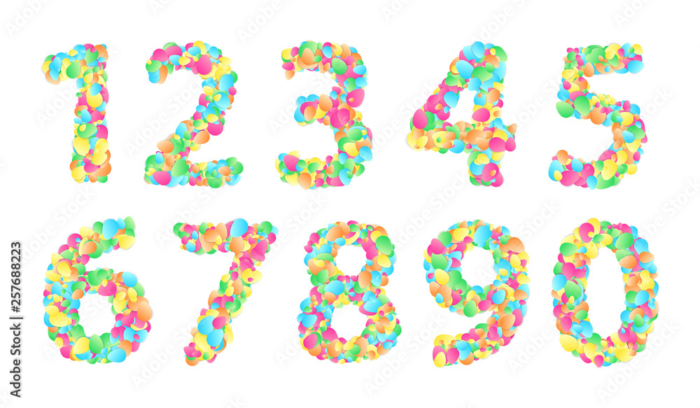 Colorful Easter eggs numbers. Digits for holiday designs.