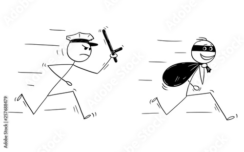 Cartoon stick figure drawing conceptual illustration of smiling thief running with bag of loot and policemen chasing him.