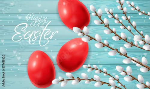 Red Easter eggs Vector realistic. Happy Holiday card with colored eggs and wi...