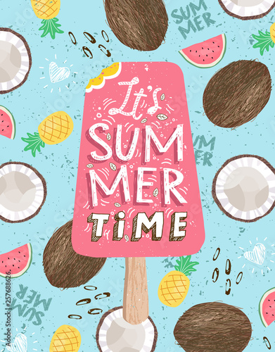 Summer! Cute vector illustration of pink strawberry ice cream on a background of fruits, coconut, watermelon and pineapple for a poster, card, flyer or banner