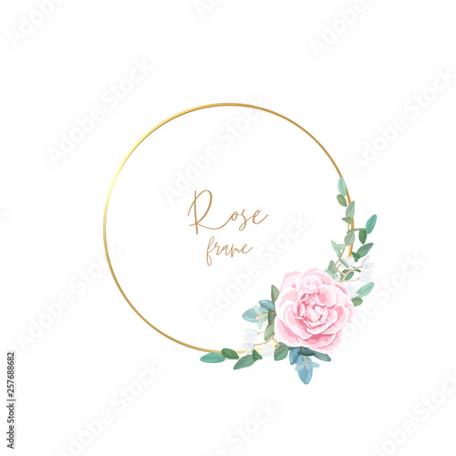 Gold frame with pale roses, eucalyptus leaves and succulent plants. Modern minimalistic vector design.
