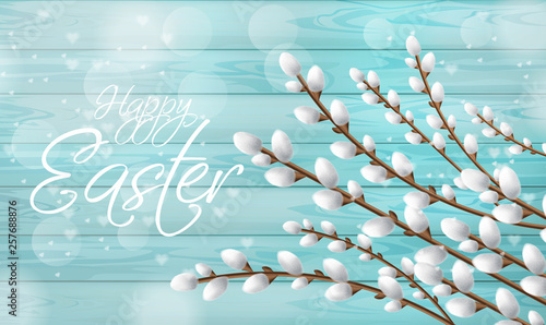 Easter card Vector realistic willow branches. Happy holiday decor. Bright Blu...