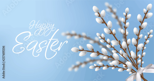 Willow branches bouquet Easter card. Happy holiday decor. Bright Blue backgro...