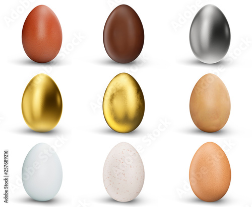 Set of 9 beautiful eggs isolated on white background. Golden, silver, chocolate, brown and white eggs. Eggs as a symbol of easter, holiday, weekend, 3D illustration