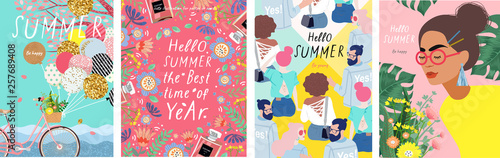 Summer! Cute vector illustration of a woman with flowers, a bicycle with balloons, young people and a floral frame for a poster, card, flyer or banner