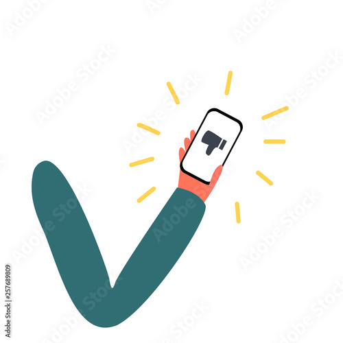 Hand with dizlike phone. Cyberbullying, bullying using electronic means, online pressure
