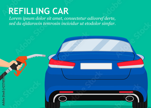 Hand holding fuel pump for car filling station in a flat design