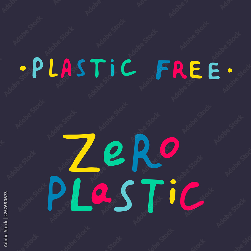 plastic free and zero plastic handwritten text title. Waste management concept isolated illustration on colored letters on a black background. plastic free and zero plastic handwritten text title. Waste management concept isolated illustration on colored letters on a black background.