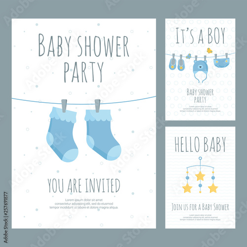 Baby shower invitation for future mother of little boy in flat style.