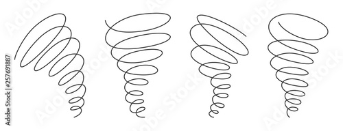 Tornado swirl continuous line with editable stroke isolated on white background - vector illustration set.