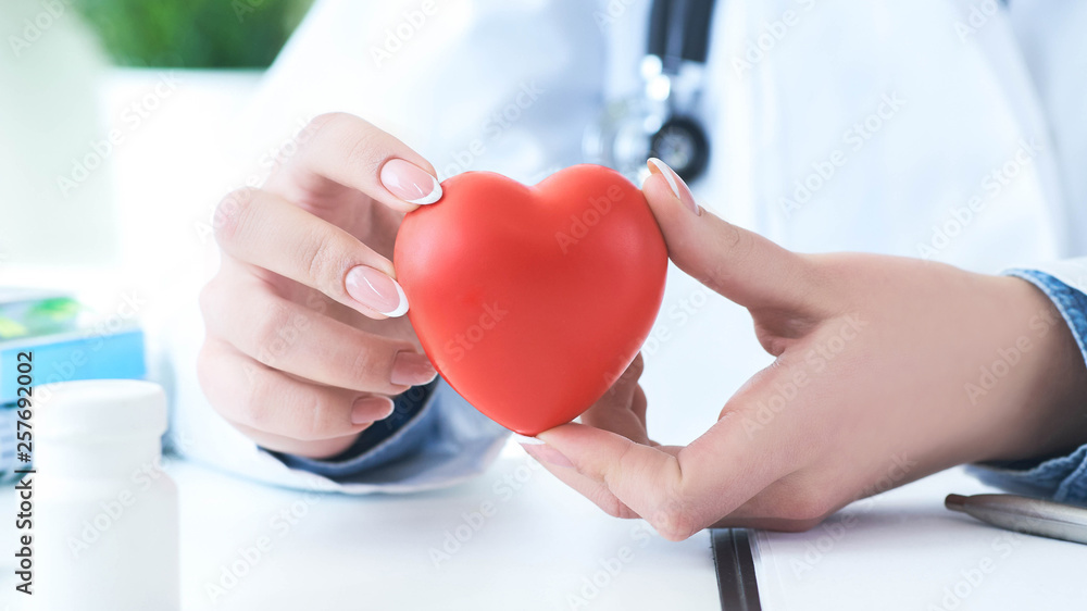 Female medicine doctor hold in hands red toy heart close -up. Cardio therapist student education concept