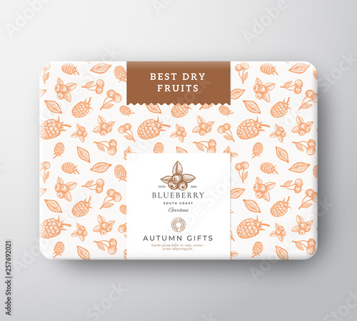 Dried Fruits Berries Cardboard Box. Abstract Vector Wrapped Paper Container with Label Cover. Packaging Design. Modern Typography and Hand Drawn Berries and Leaves Background Pattern Layout.